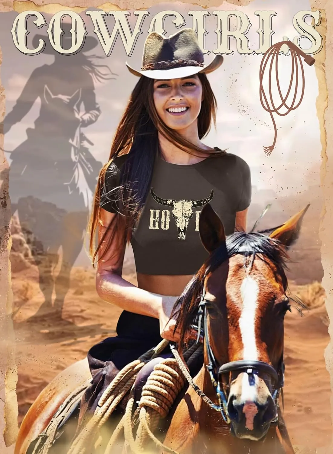 Western Cowgirl Crop Top for Women - Country Concert Cowboy Rodeo Outfit Cow Skull Graphic Tee Vintage Howdy Shirts