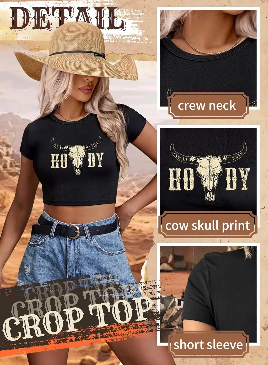 Western Cowgirl Crop Top for Women - Country Concert Cowboy Rodeo Outfit Cow Skull Graphic Tee Vintage Howdy Shirts