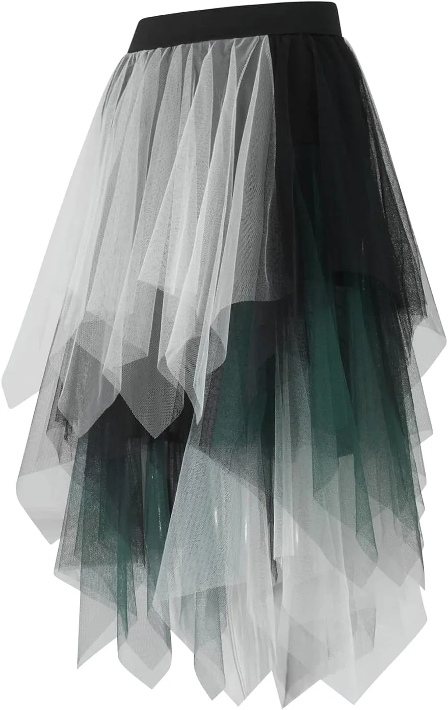 Women A Line Tulle Skirts High Waist Irregular Ruffle Layered Fashion Midi Skirt Party Evening Mesh Long Skirt