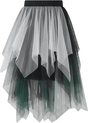 Women A Line Tulle Skirts High Waist Irregular Ruffle Layered Fashion Midi Skirt Party Evening Mesh Long Skirt