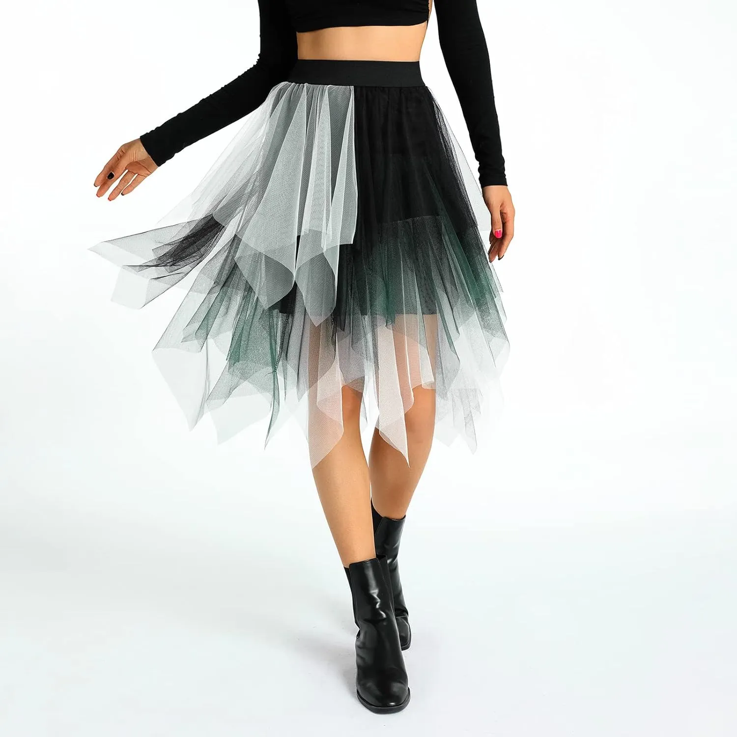Women A Line Tulle Skirts High Waist Irregular Ruffle Layered Fashion Midi Skirt Party Evening Mesh Long Skirt