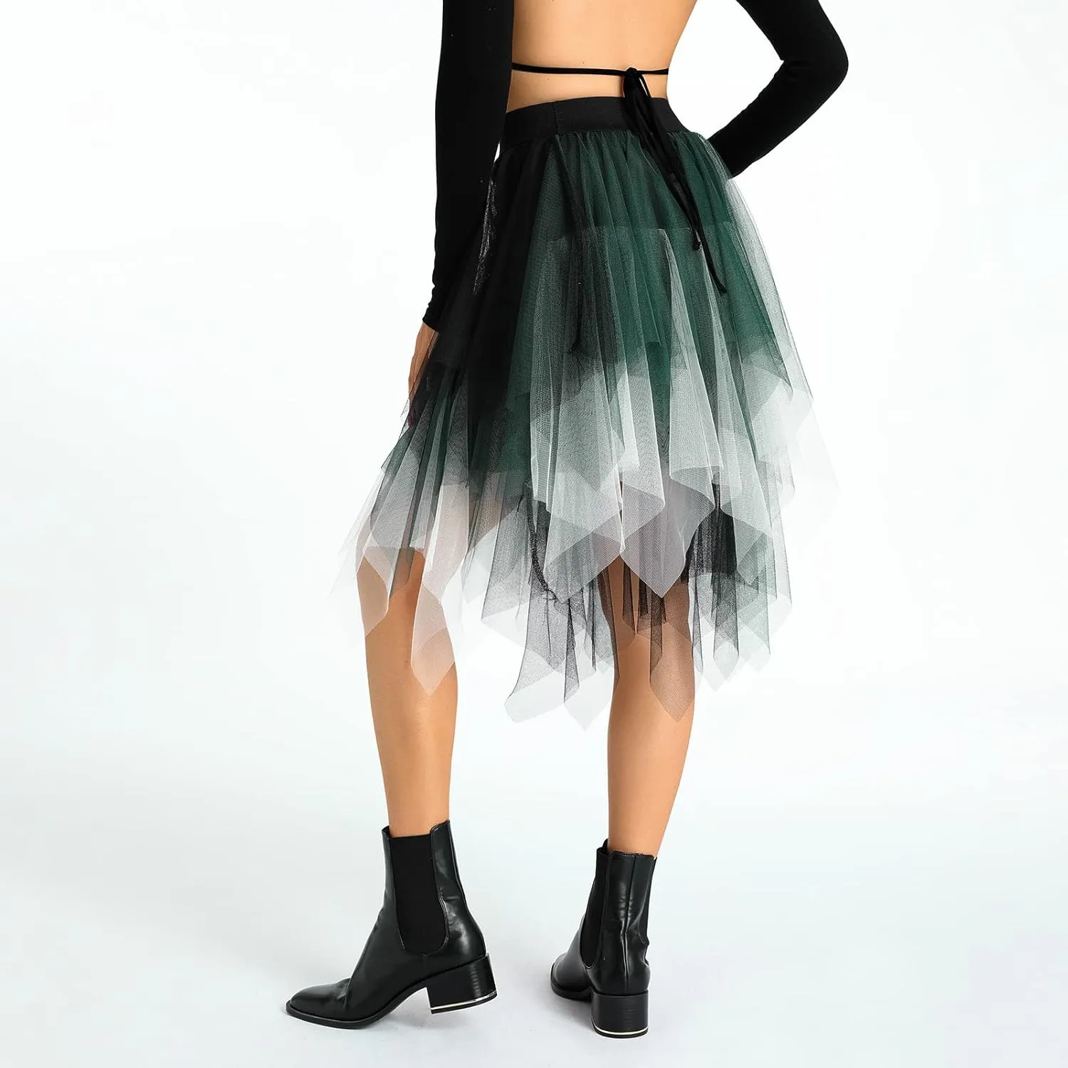 Women A Line Tulle Skirts High Waist Irregular Ruffle Layered Fashion Midi Skirt Party Evening Mesh Long Skirt