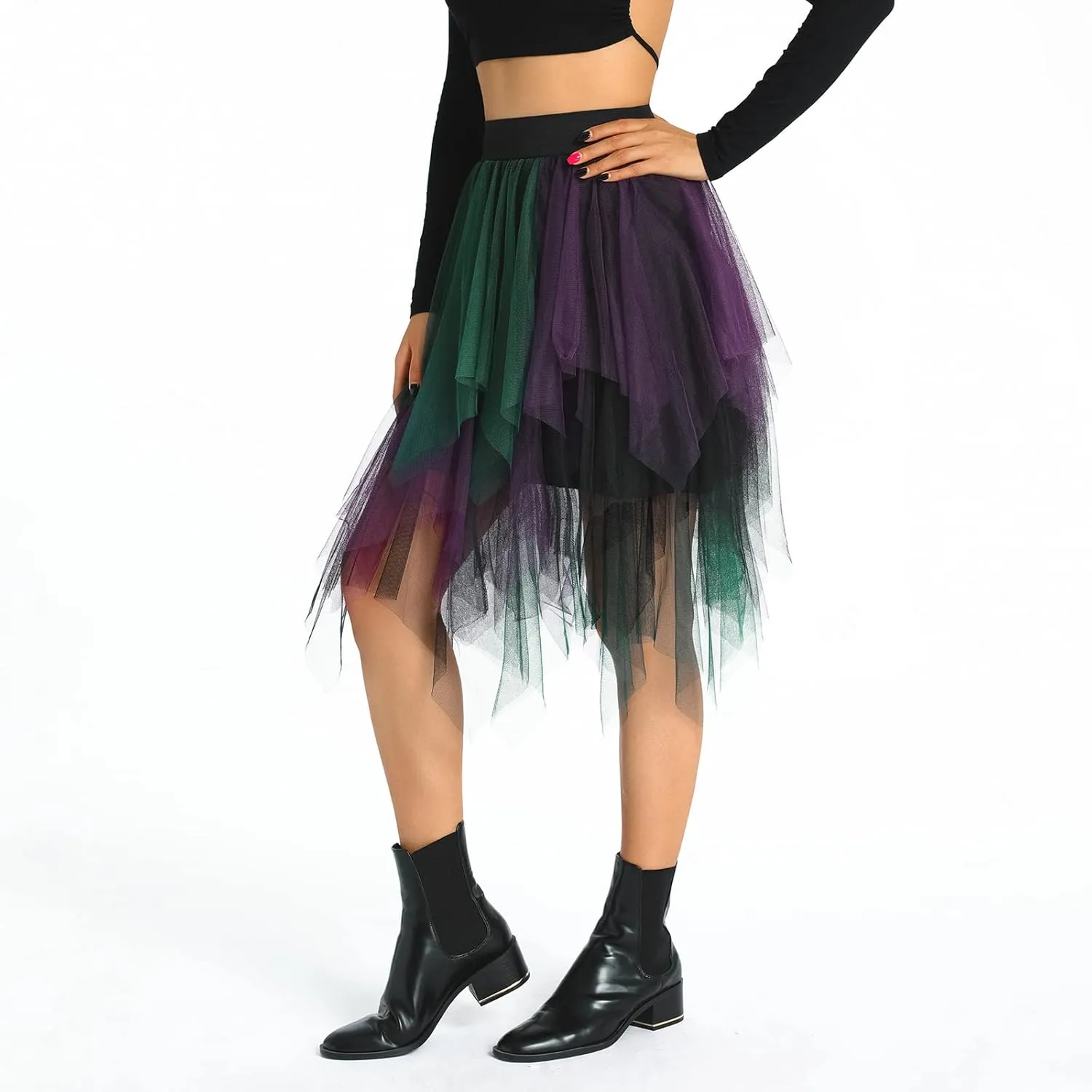 Women A Line Tulle Skirts High Waist Irregular Ruffle Layered Fashion Midi Skirt Party Evening Mesh Long Skirt