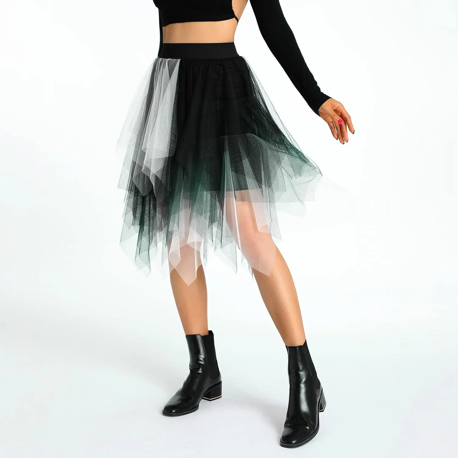Women A Line Tulle Skirts High Waist Irregular Ruffle Layered Fashion Midi Skirt Party Evening Mesh Long Skirt