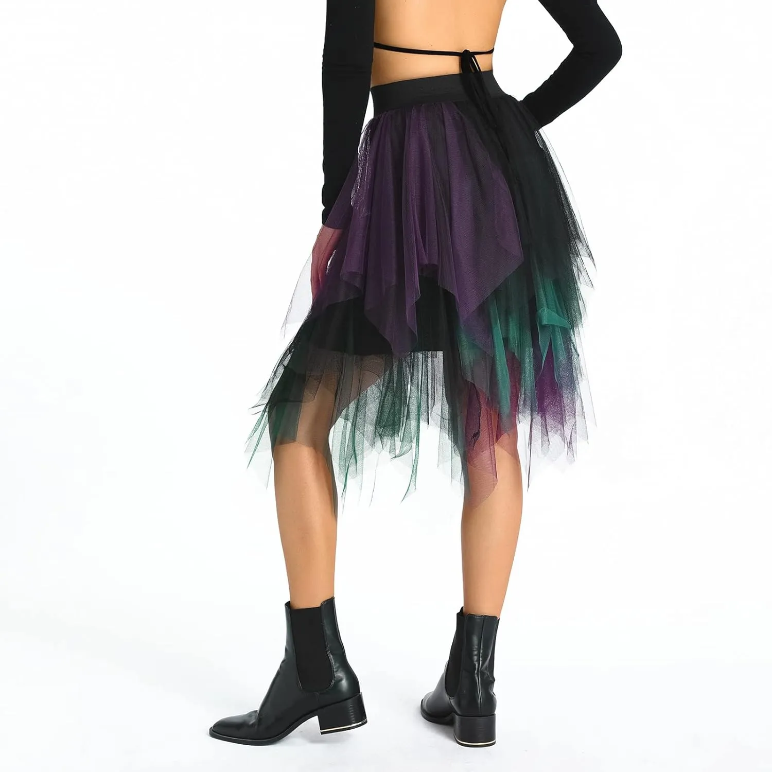 Women A Line Tulle Skirts High Waist Irregular Ruffle Layered Fashion Midi Skirt Party Evening Mesh Long Skirt