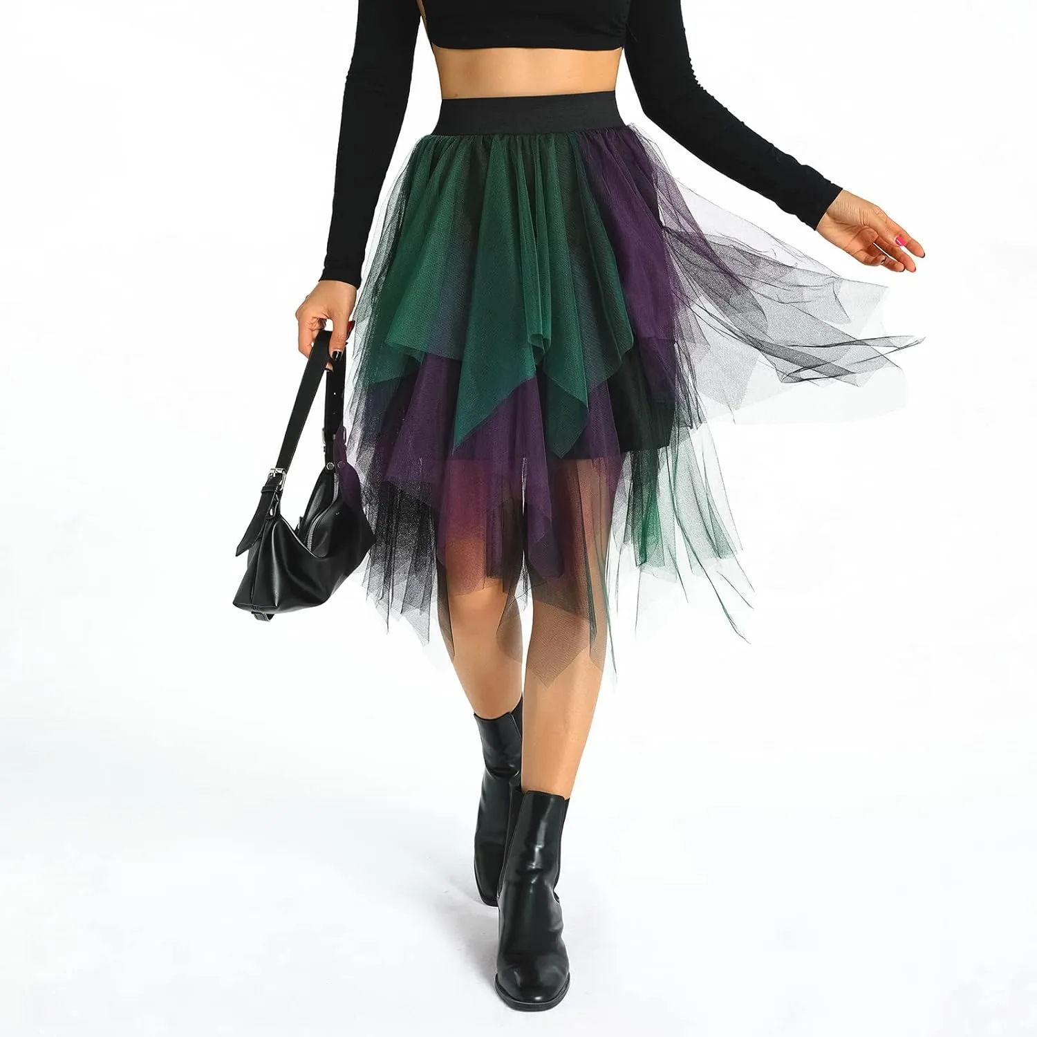 Women A Line Tulle Skirts High Waist Irregular Ruffle Layered Fashion Midi Skirt Party Evening Mesh Long Skirt