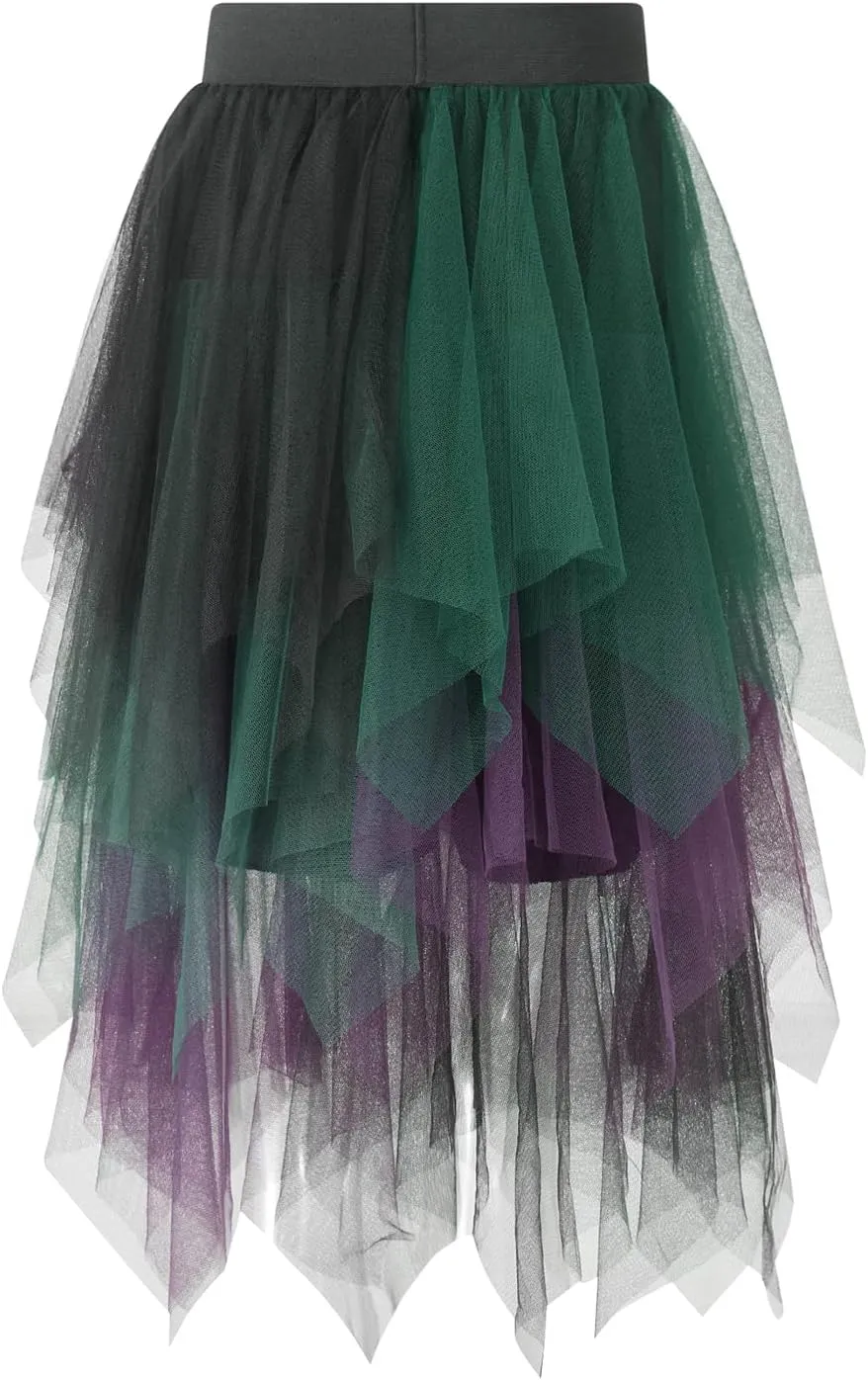 Women A Line Tulle Skirts High Waist Irregular Ruffle Layered Fashion Midi Skirt Party Evening Mesh Long Skirt