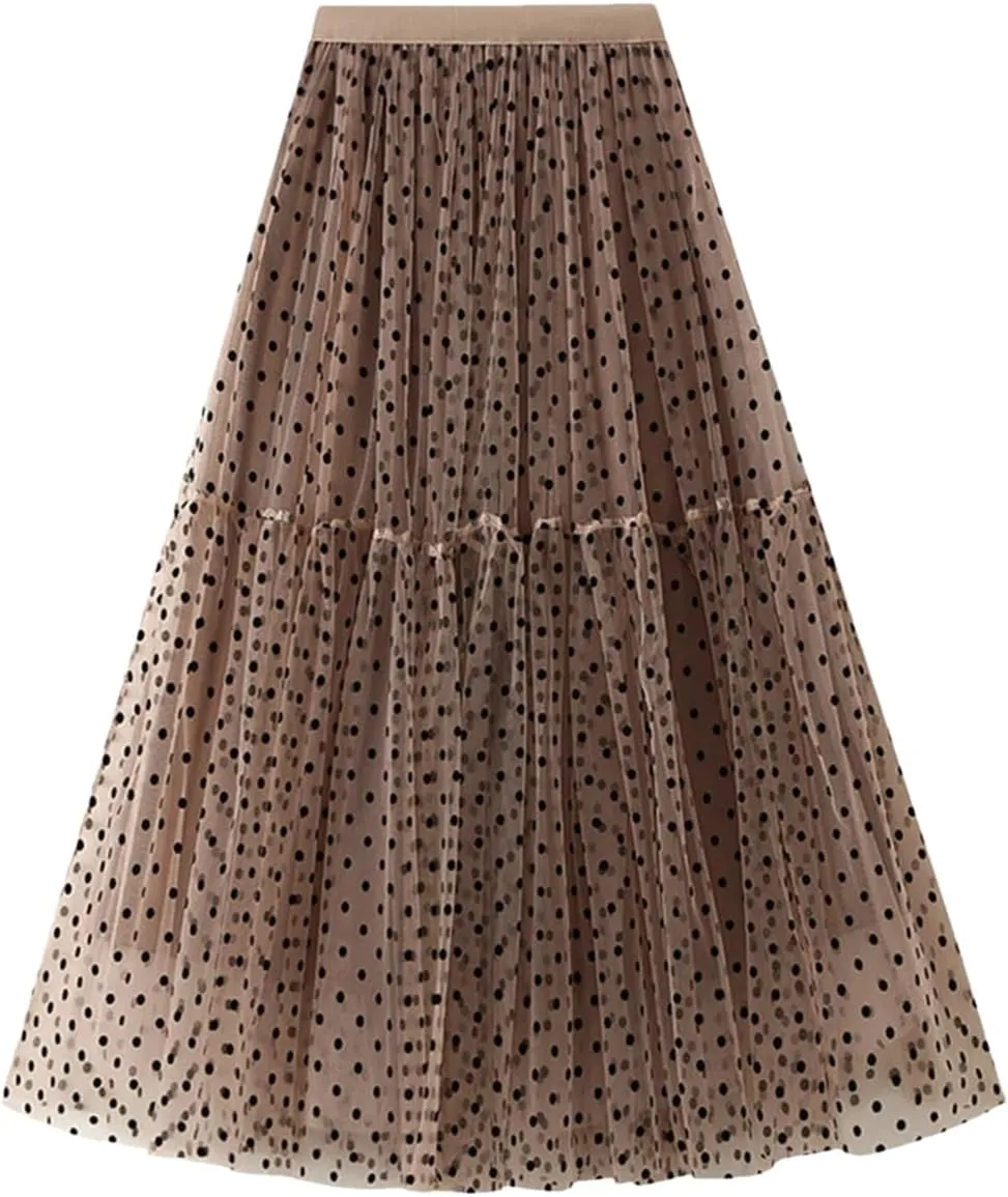 Women Casual Polka Dot Mesh High Waisted Skirt Slim Fit Tulle Layered A-Line Skirts