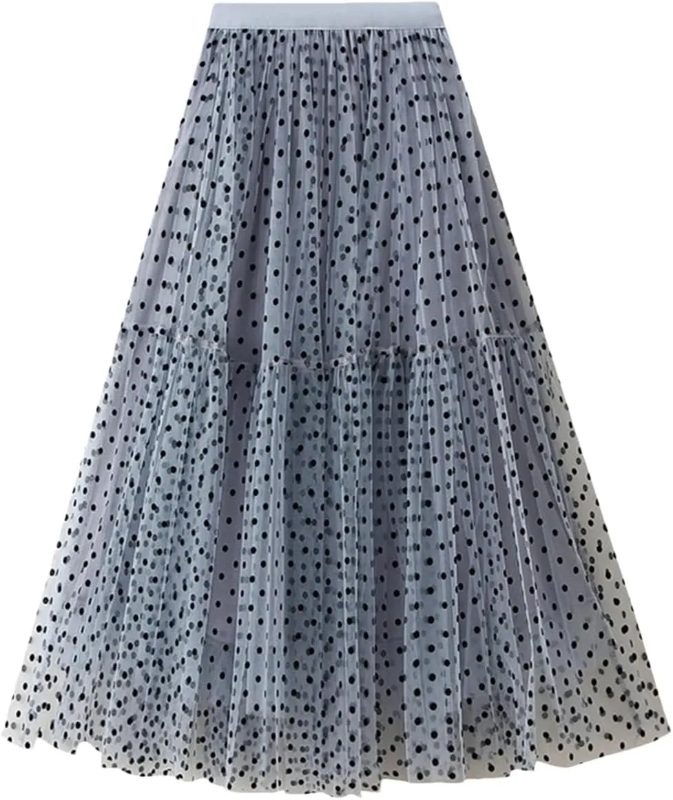 Women Casual Polka Dot Mesh High Waisted Skirt Slim Fit Tulle Layered A-Line Skirts