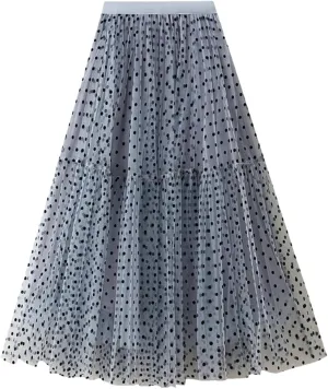 Women Casual Polka Dot Mesh High Waisted Skirt Slim Fit Tulle Layered A-Line Skirts