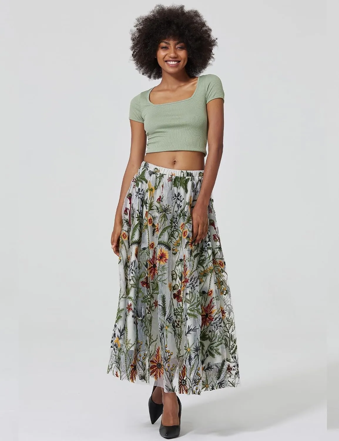 Women Floral Embroidery Tulle Maxi Skirt Double-Layered A Line Swing Vintage 1950s Cocktail Skirts