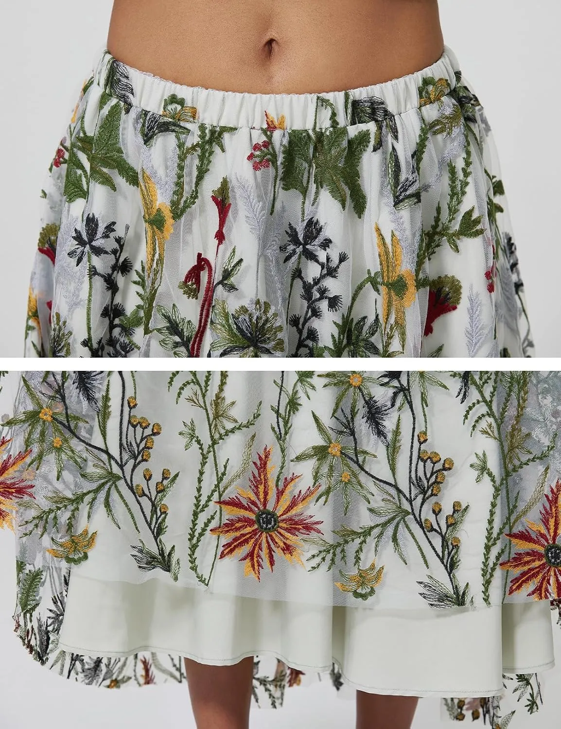 Women Floral Embroidery Tulle Maxi Skirt Double-Layered A Line Swing Vintage 1950s Cocktail Skirts