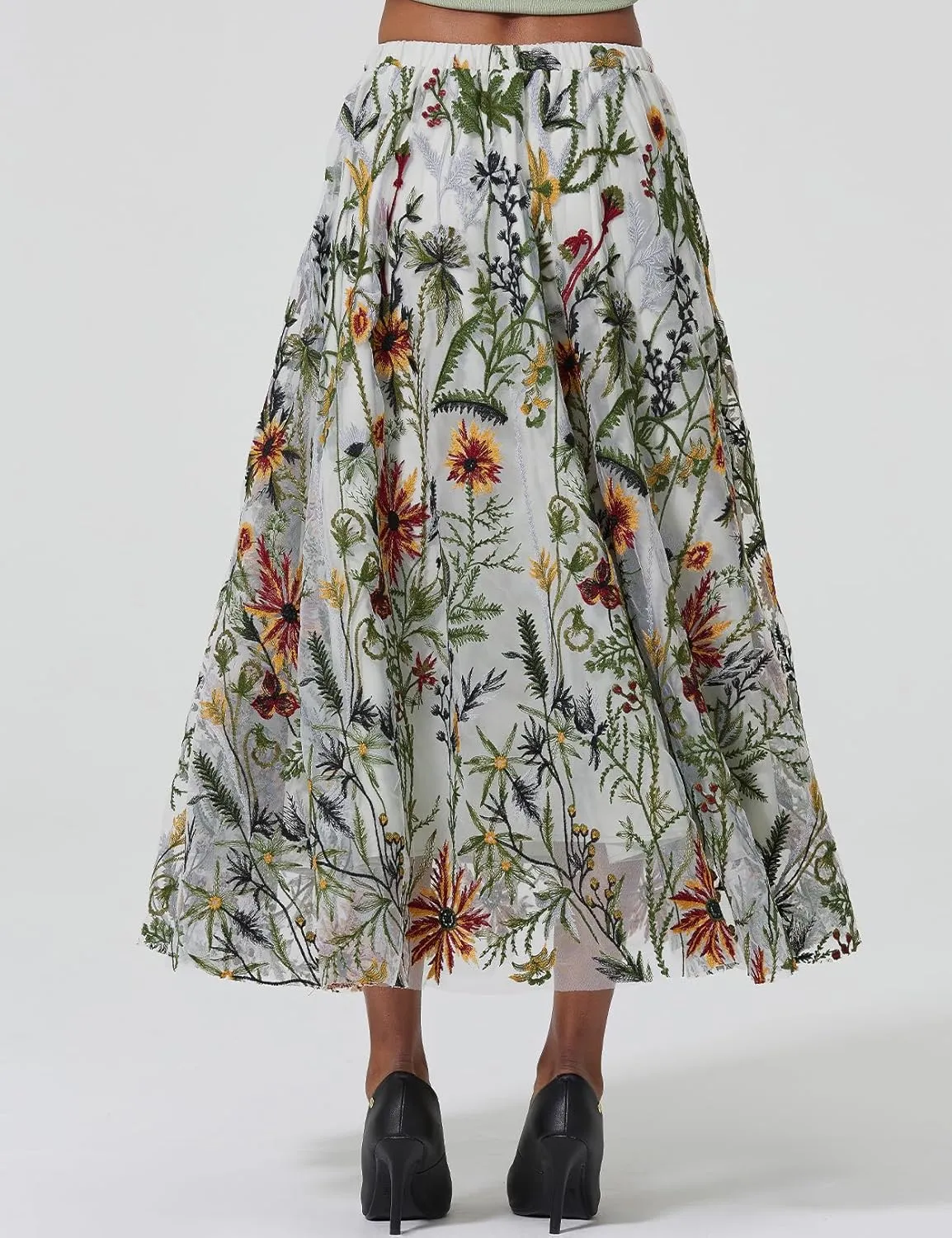 Women Floral Embroidery Tulle Maxi Skirt Double-Layered A Line Swing Vintage 1950s Cocktail Skirts