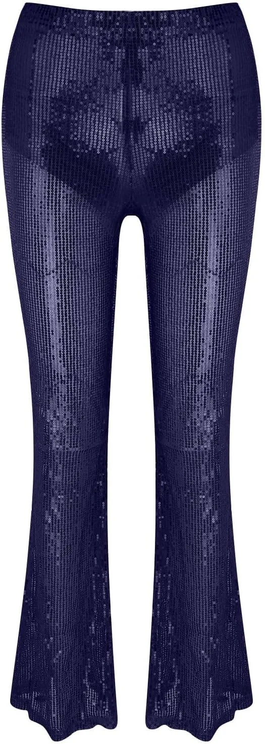 Women Glitter Pants Ladies Silk High Waist Drape Zip Wide Leg Flared Pants Bottom Streetwear Sequin Pants