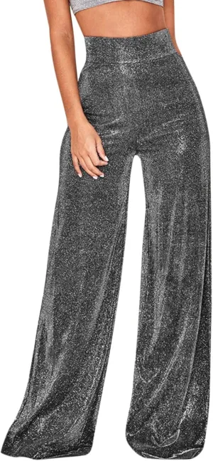 Women Glitter Pants Ladies Silk High Waist Drape Zip Wide Leg Flared Pants Bottom Streetwear Sequin Pants
