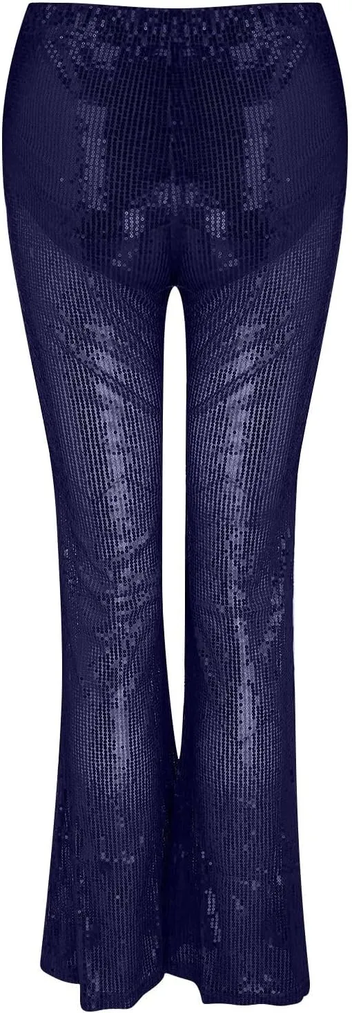 Women Glitter Pants Ladies Silk High Waist Drape Zip Wide Leg Flared Pants Bottom Streetwear Sequin Pants