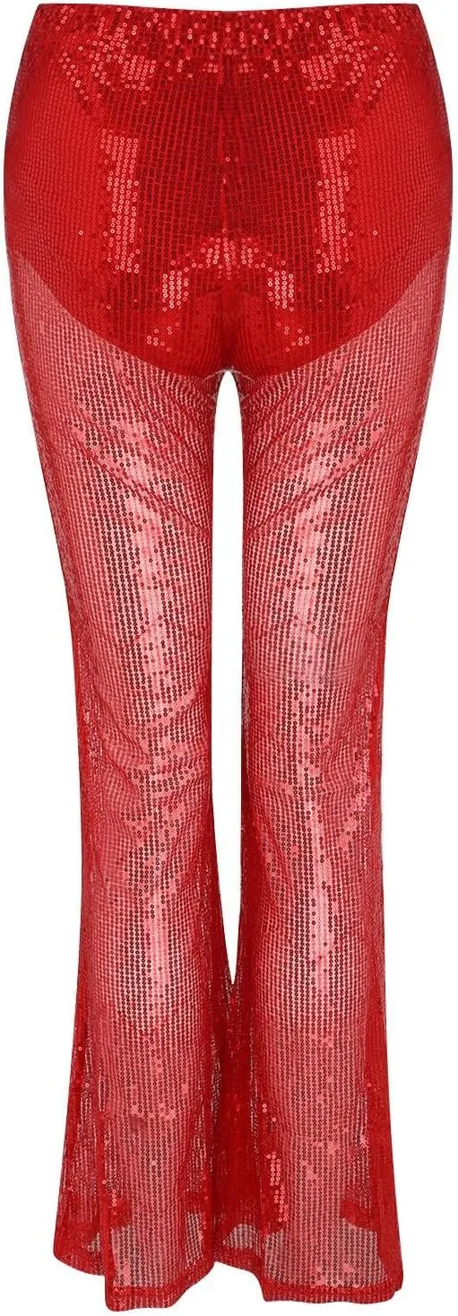 Women Glitter Pants Ladies Silk High Waist Drape Zip Wide Leg Flared Pants Bottom Streetwear Sequin Pants