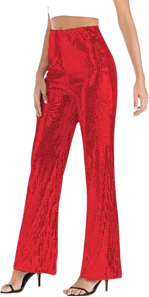 Women Glitter Pants Ladies Silk High Waist Drape Zip Wide Leg Flared Pants Bottom Streetwear Sequin Pants
