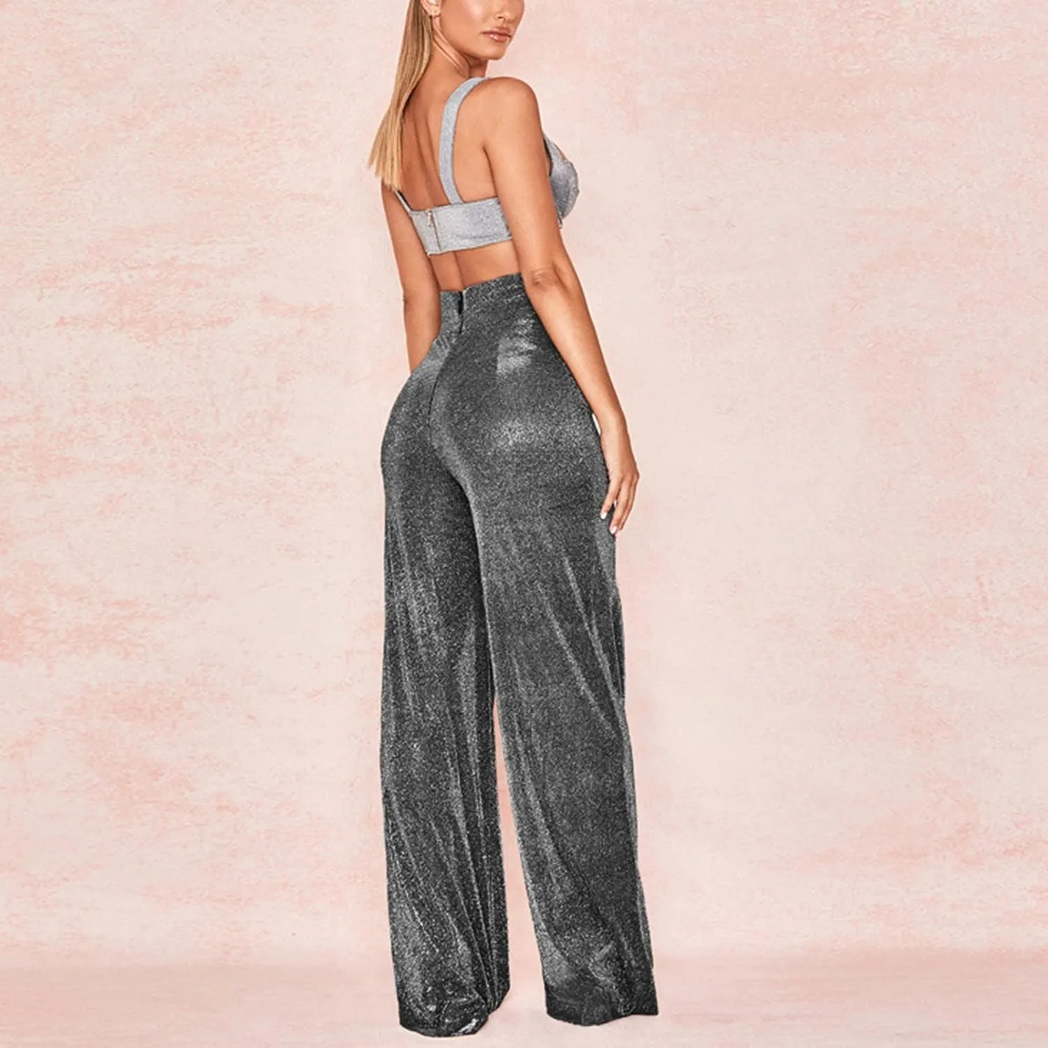 Women Glitter Pants Ladies Silk High Waist Drape Zip Wide Leg Flared Pants Bottom Streetwear Sequin Pants