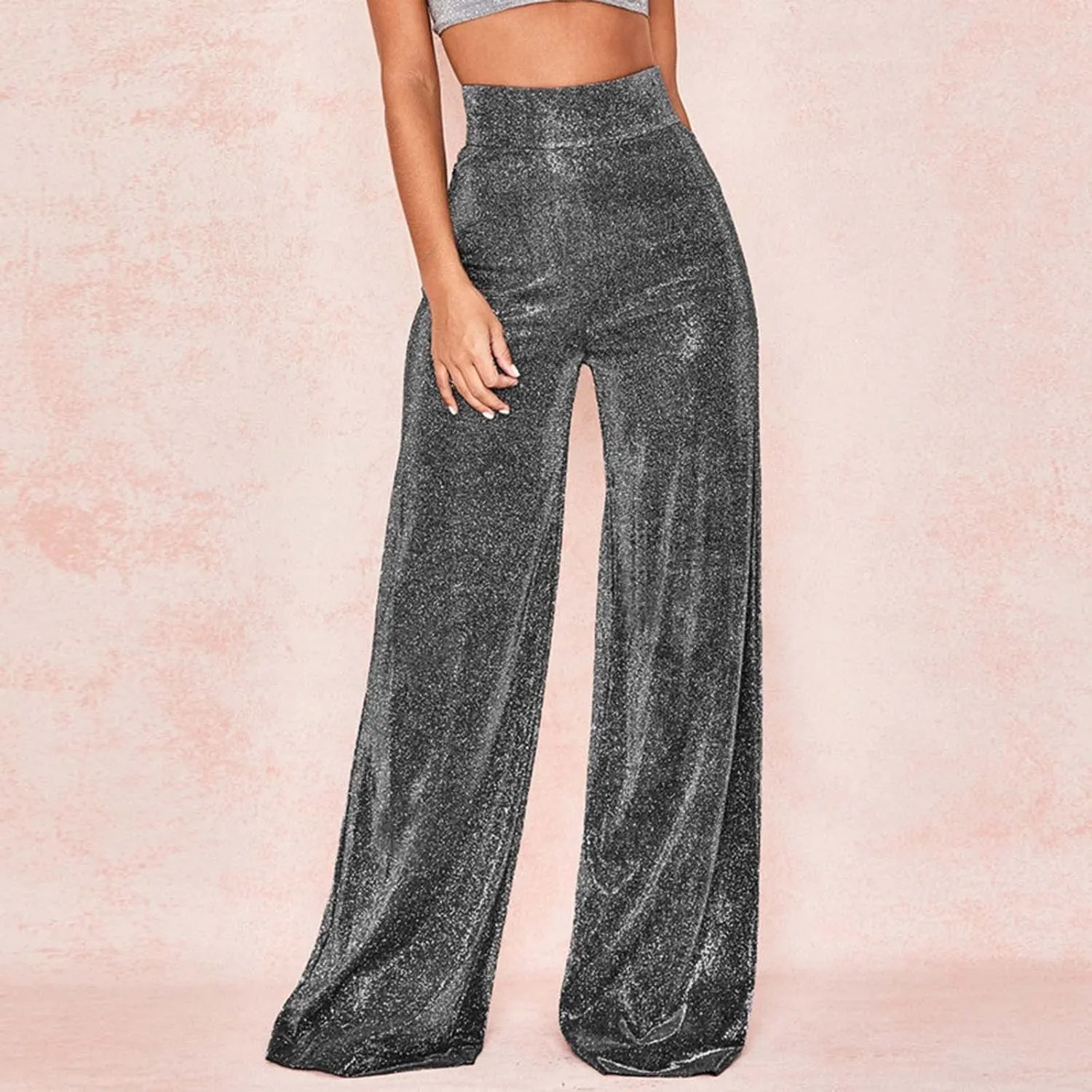 Women Glitter Pants Ladies Silk High Waist Drape Zip Wide Leg Flared Pants Bottom Streetwear Sequin Pants