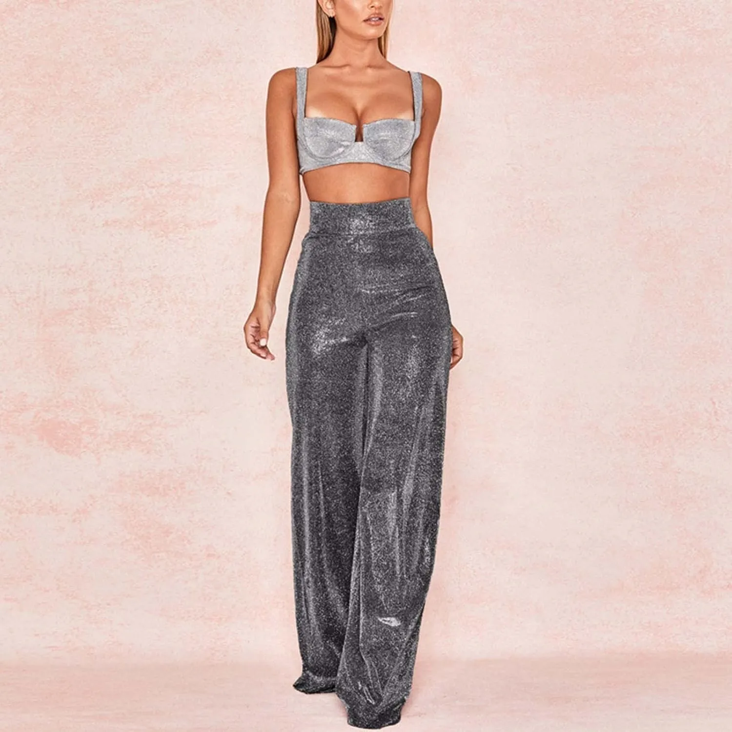 Women Glitter Pants Ladies Silk High Waist Drape Zip Wide Leg Flared Pants Bottom Streetwear Sequin Pants