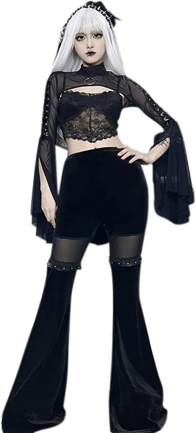 Women Goth Velvet Flare Pants Hollow Out Lace High Waist Bell Bottom Trousers