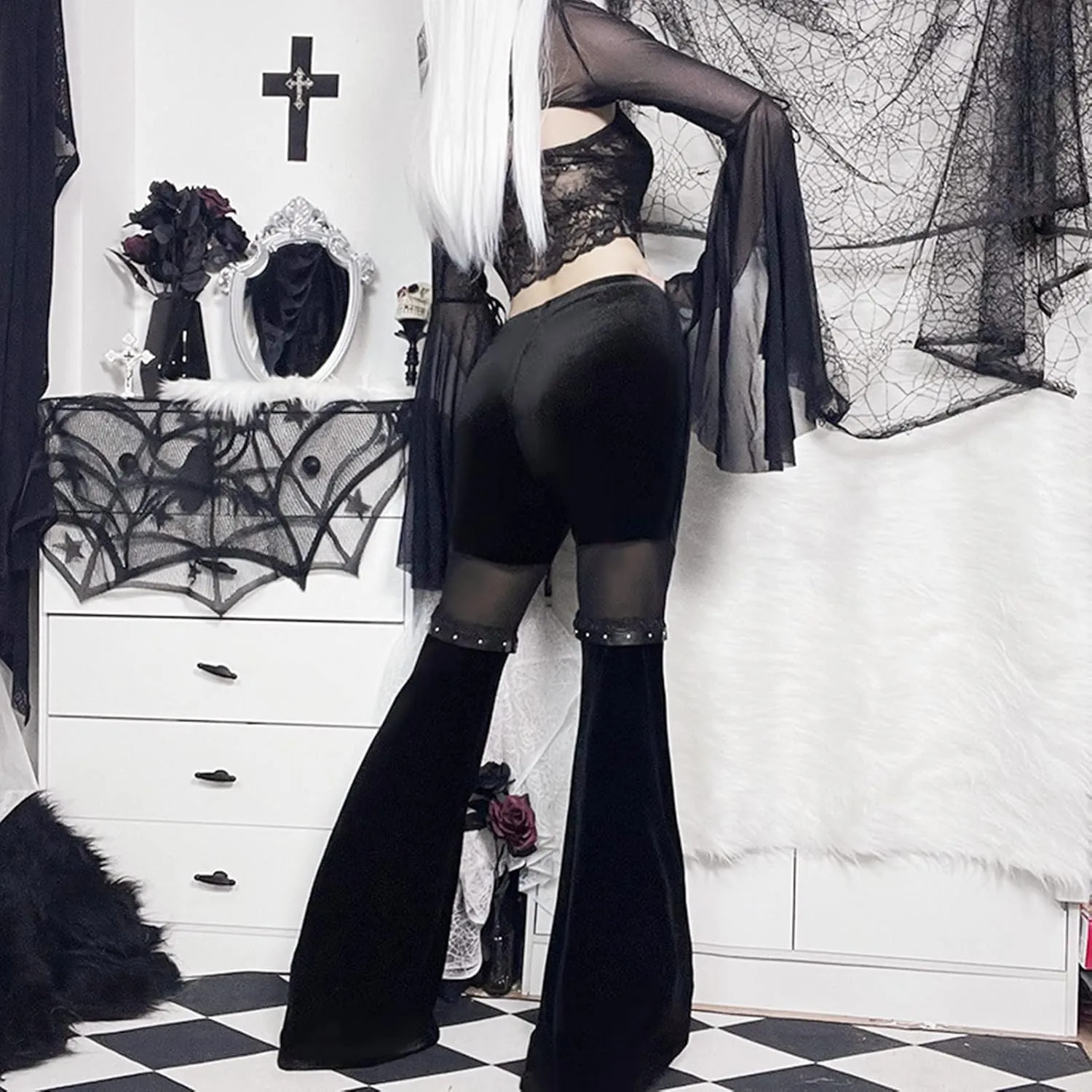 Women Goth Velvet Flare Pants Hollow Out Lace High Waist Bell Bottom Trousers