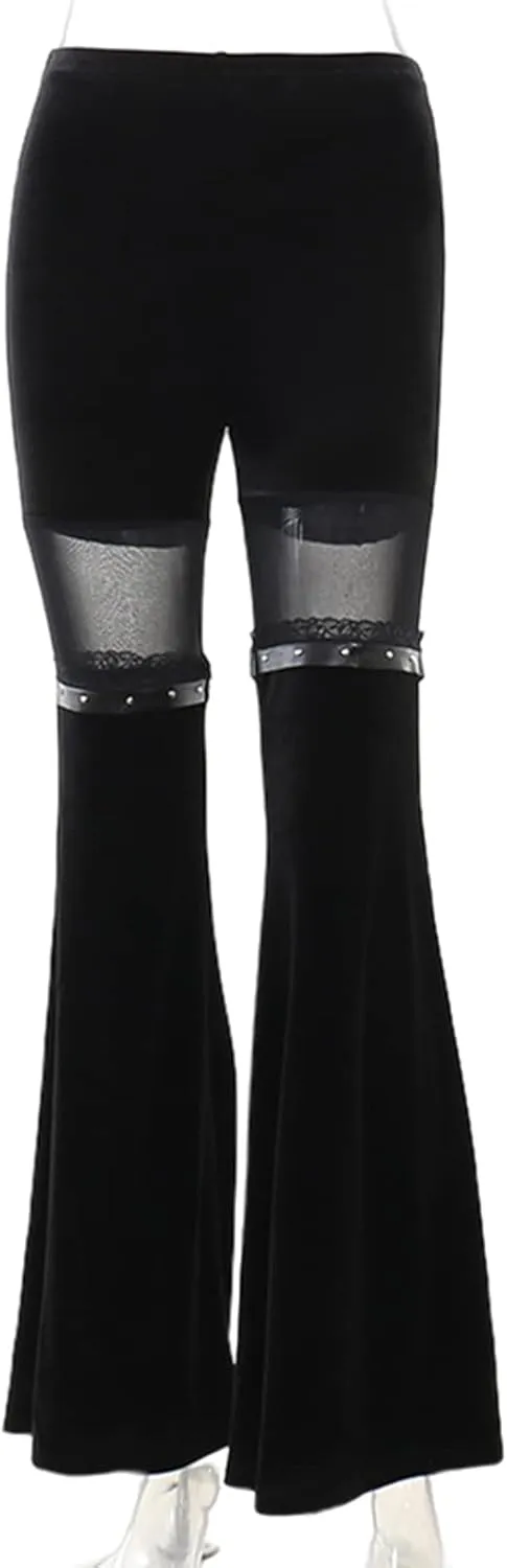 Women Goth Velvet Flare Pants Hollow Out Lace High Waist Bell Bottom Trousers