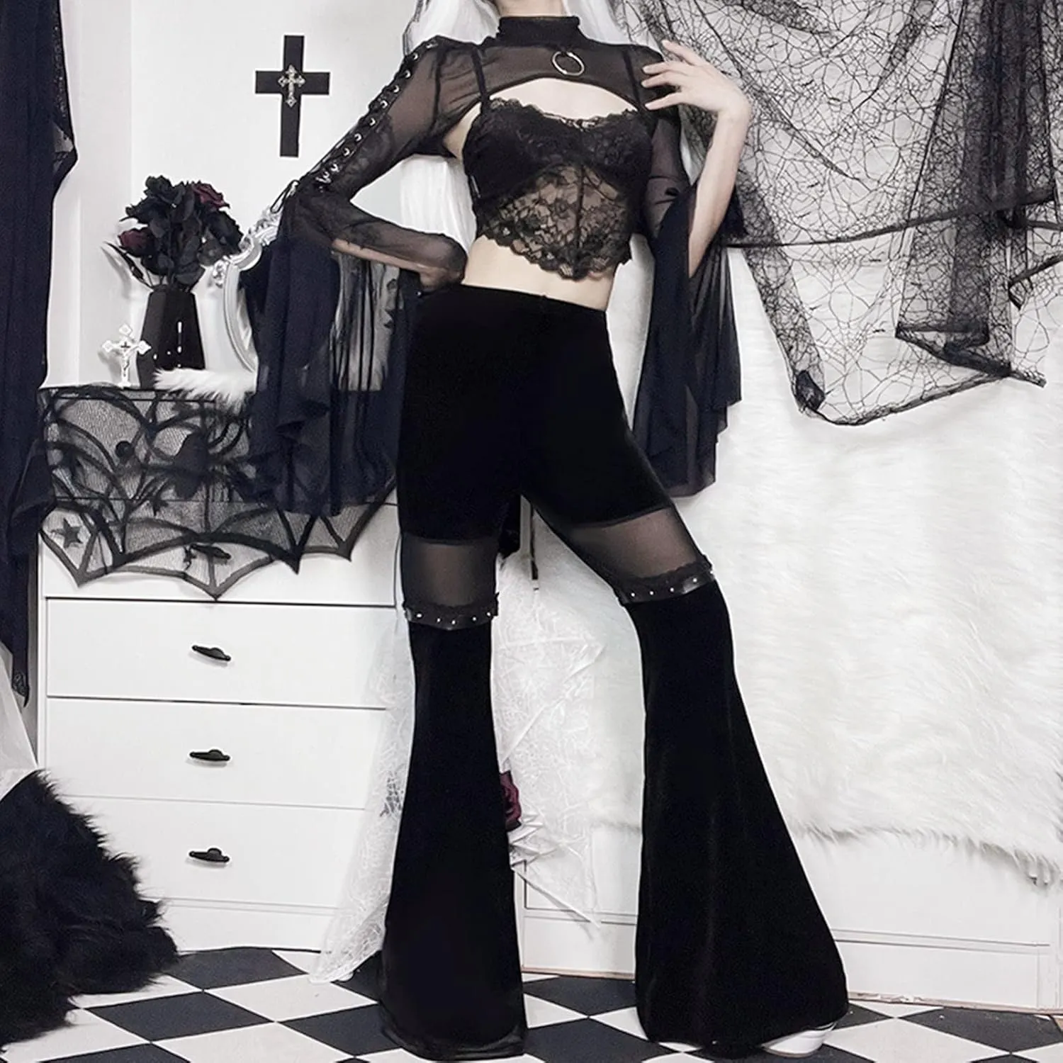 Women Goth Velvet Flare Pants Hollow Out Lace High Waist Bell Bottom Trousers