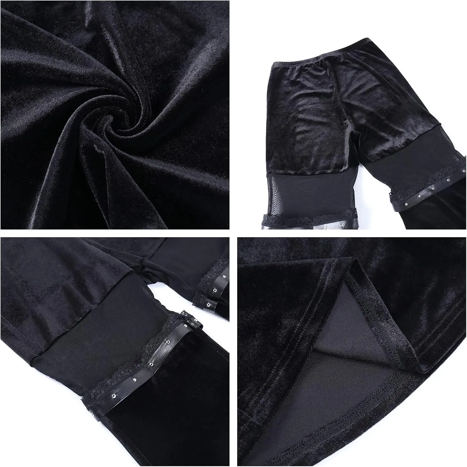 Women Goth Velvet Flare Pants Hollow Out Lace High Waist Bell Bottom Trousers