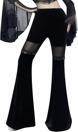 Women Goth Velvet Flare Pants Hollow Out Lace High Waist Bell Bottom Trousers