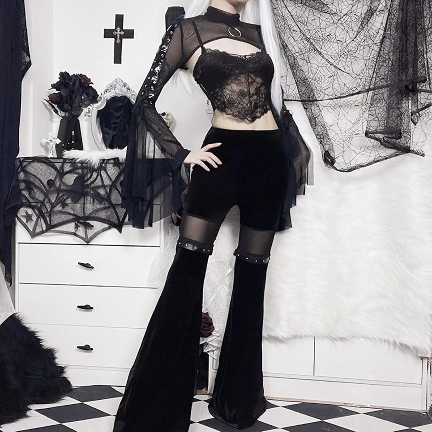 Women Goth Velvet Flare Pants Hollow Out Lace High Waist Bell Bottom Trousers