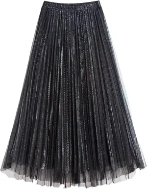 Women Mesh Layered Pleated A-Line Skirt Midi Skirt Elascity High Waist Party Skirt for Prom Ball Gown