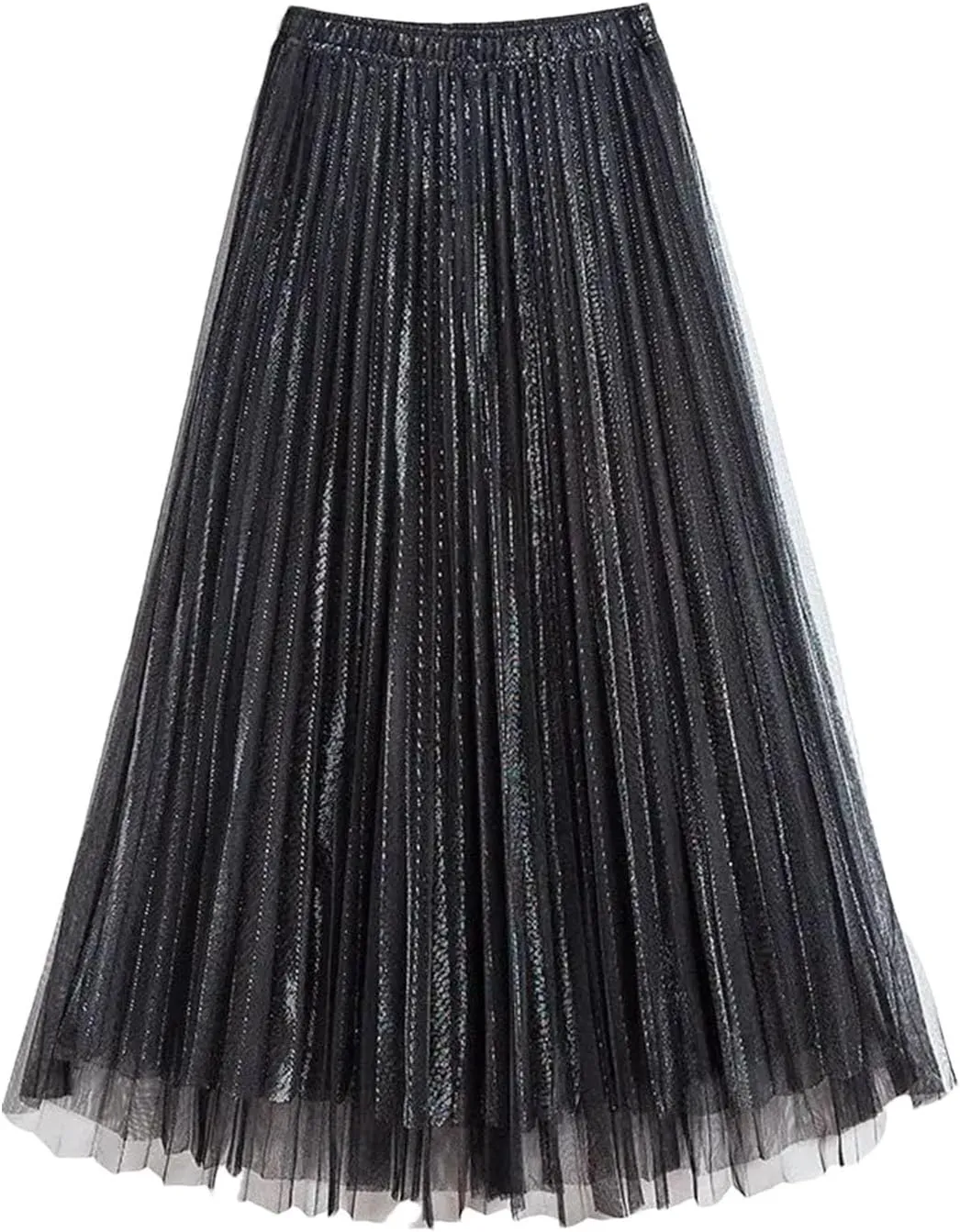 Women Mesh Layered Pleated A-Line Skirt Midi Skirt Elascity High Waist Party Skirt for Prom Ball Gown