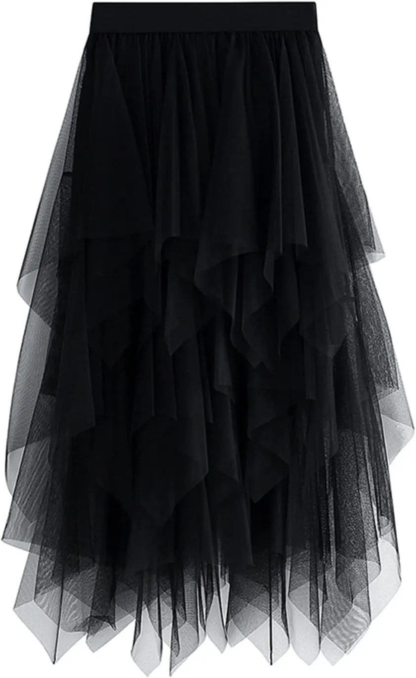 Women Mesh Midi Skirt Multilayer Pleated High Waist Lace Ballet Prom Party Tulle Tutu A-line Long Skirts