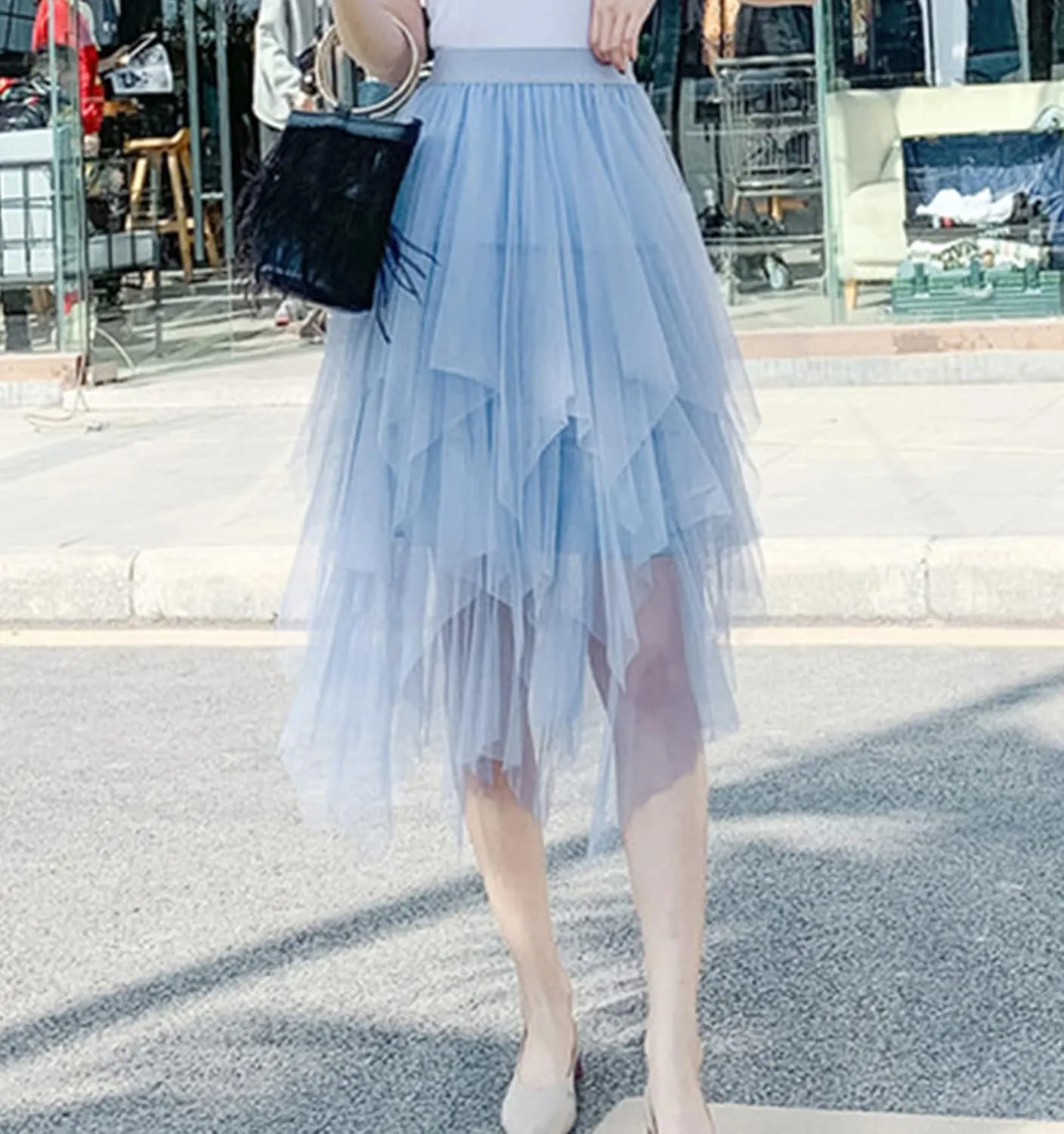 Women Mesh Midi Skirt Multilayer Pleated High Waist Lace Ballet Prom Party Tulle Tutu A-line Long Skirts
