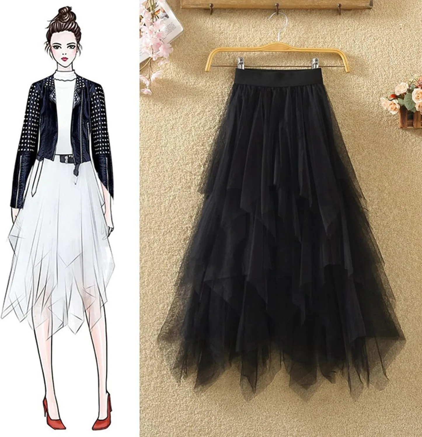 Women Mesh Midi Skirt Multilayer Pleated High Waist Lace Ballet Prom Party Tulle Tutu A-line Long Skirts