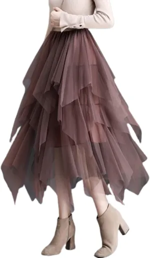 Women Mesh Midi Skirt Multilayer Pleated High Waist Lace Ballet Prom Party Tulle Tutu A-line Long Skirts