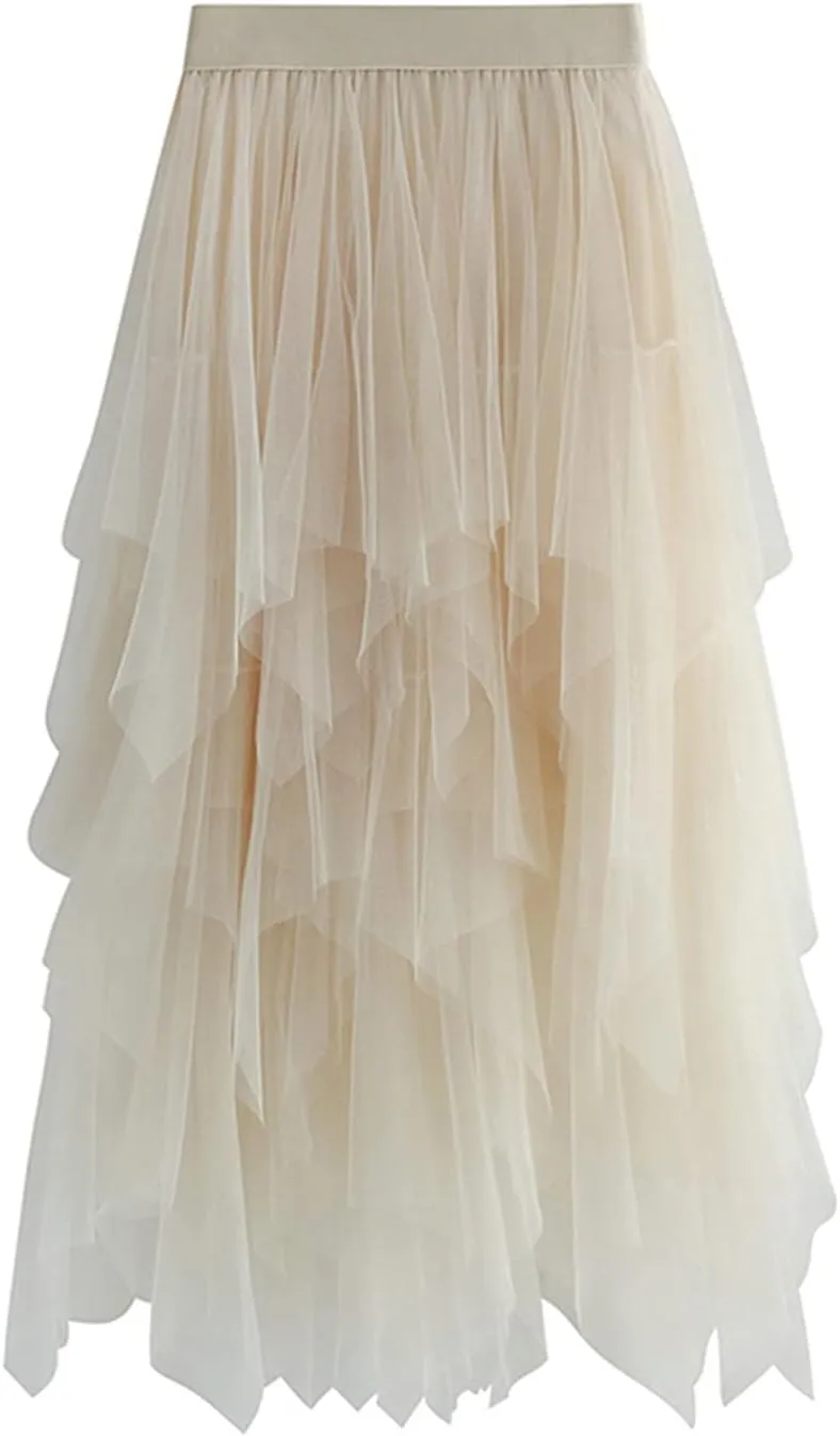 Women Mesh Midi Skirt Multilayer Pleated High Waist Lace Ballet Prom Party Tulle Tutu A-line Long Skirts