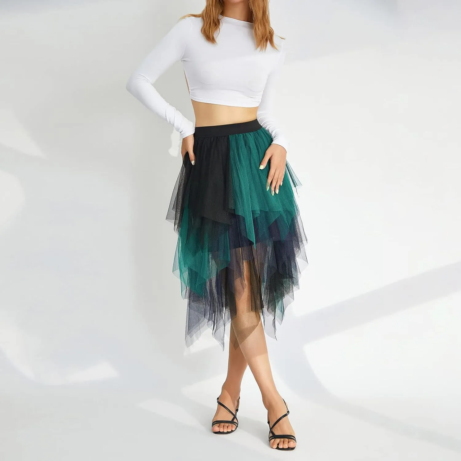 Women Mesh Midi Skirt Multilayer Pleated High Waist Lace Ballet Prom Party Tulle Tutu A-line Long Skirts