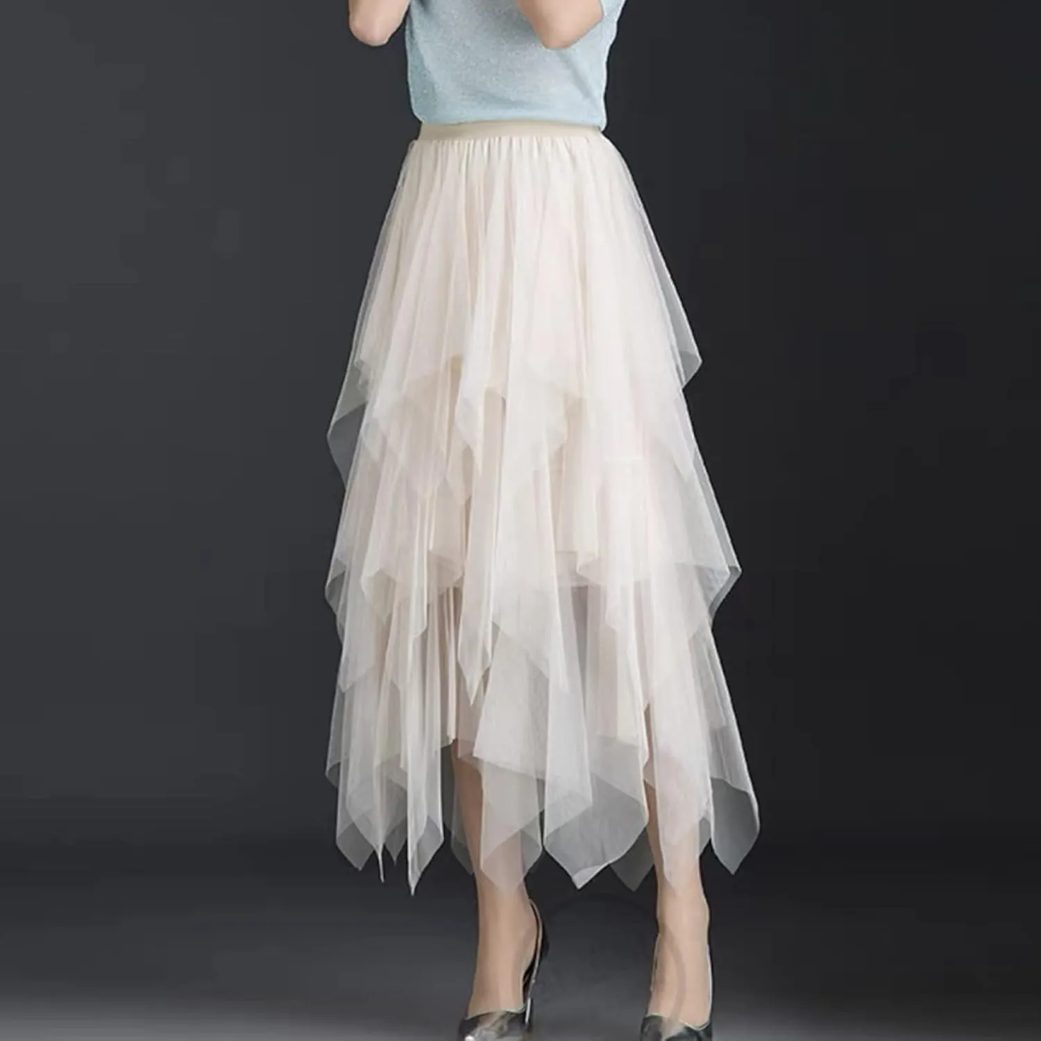 Women Mesh Midi Skirt Multilayer Pleated High Waist Lace Ballet Prom Party Tulle Tutu A-line Long Skirts