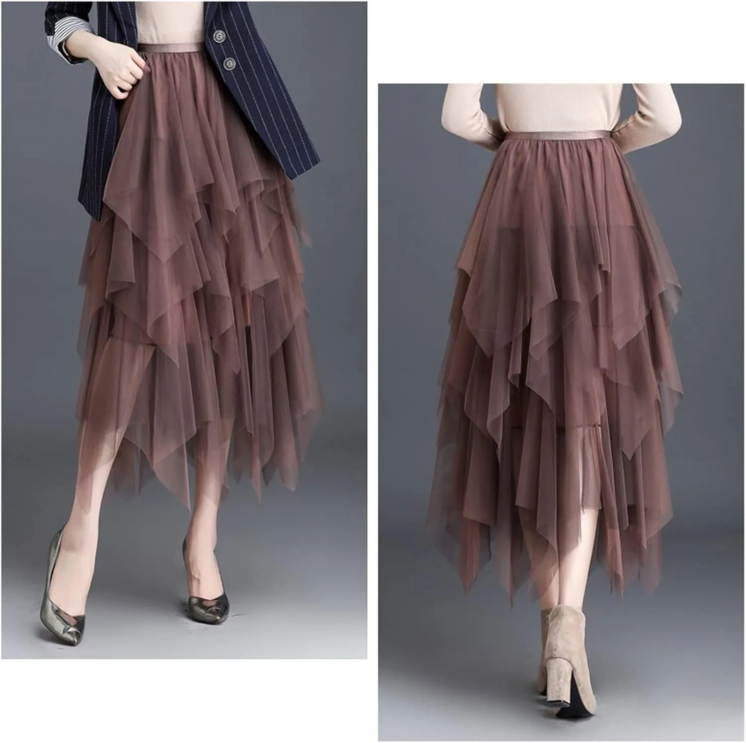 Women Mesh Midi Skirt Multilayer Pleated High Waist Lace Ballet Prom Party Tulle Tutu A-line Long Skirts
