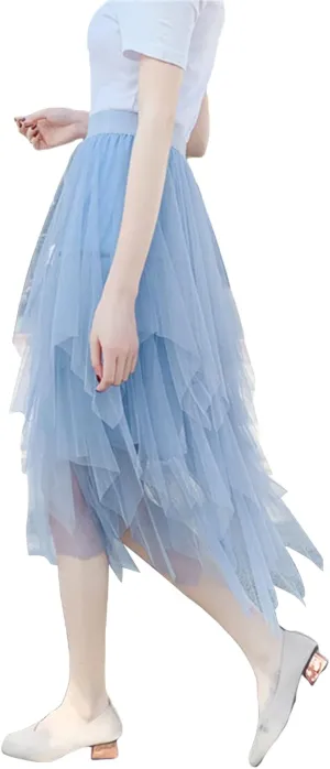 Women Mesh Midi Skirt Multilayer Pleated High Waist Lace Ballet Prom Party Tulle Tutu A-line Long Skirts