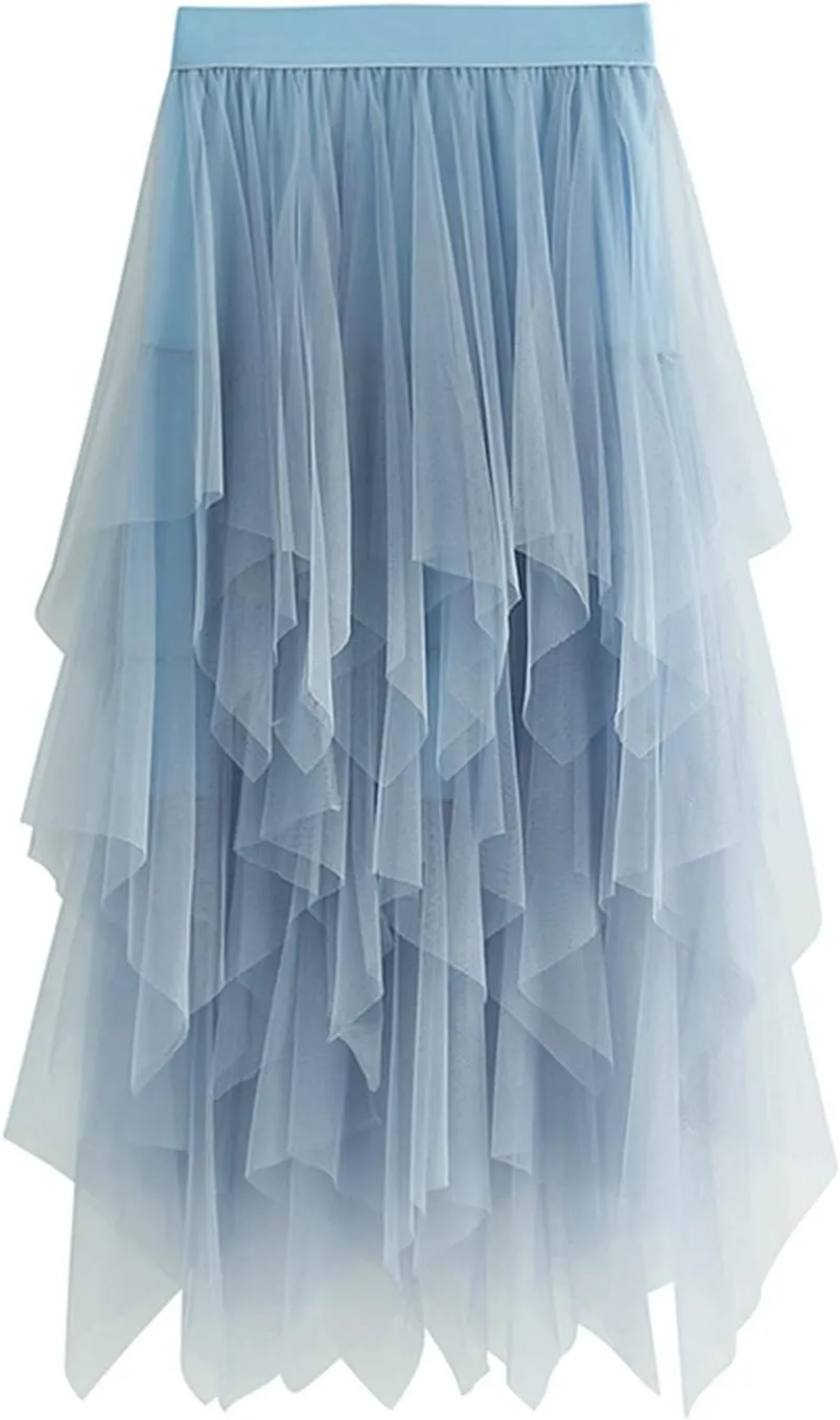 Women Mesh Midi Skirt Multilayer Pleated High Waist Lace Ballet Prom Party Tulle Tutu A-line Long Skirts