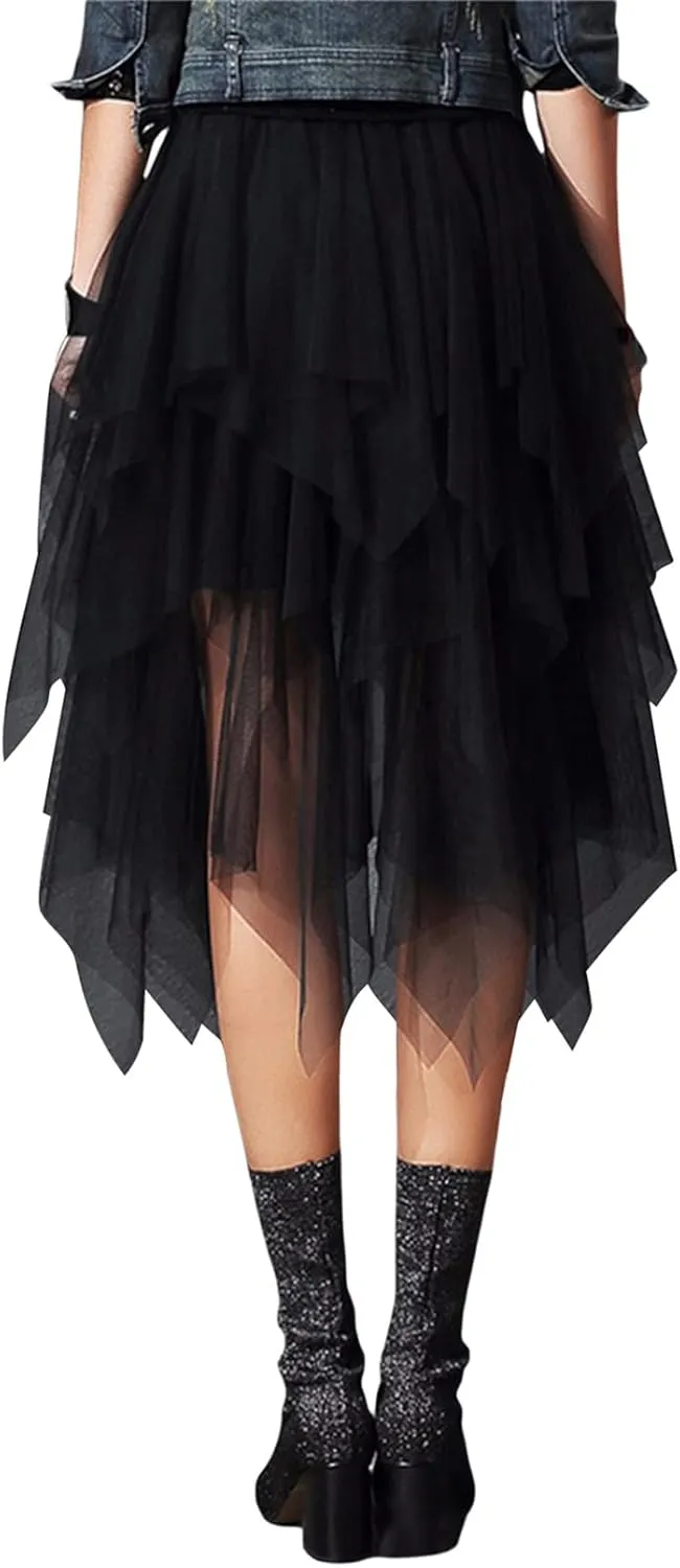 Women Mesh Midi Skirt Multilayer Pleated High Waist Lace Ballet Prom Party Tulle Tutu A-line Long Skirts