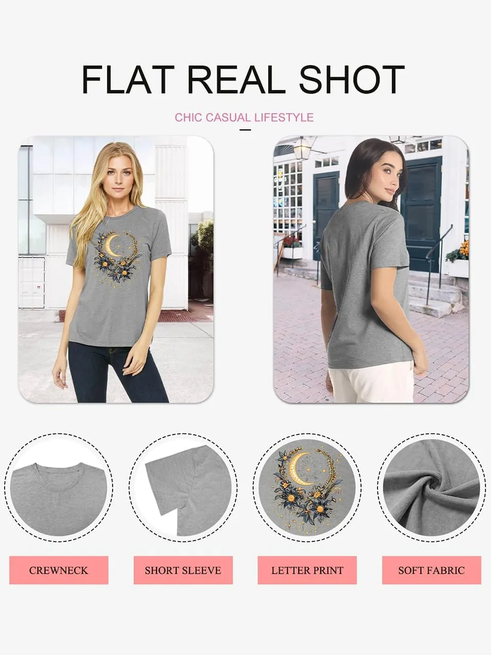 Women Mystical Moon and Sun Flower Shirt Vintage Wildflower T Shirts Boho Graphic Tees Short Sleeve Celestial Moon Tops