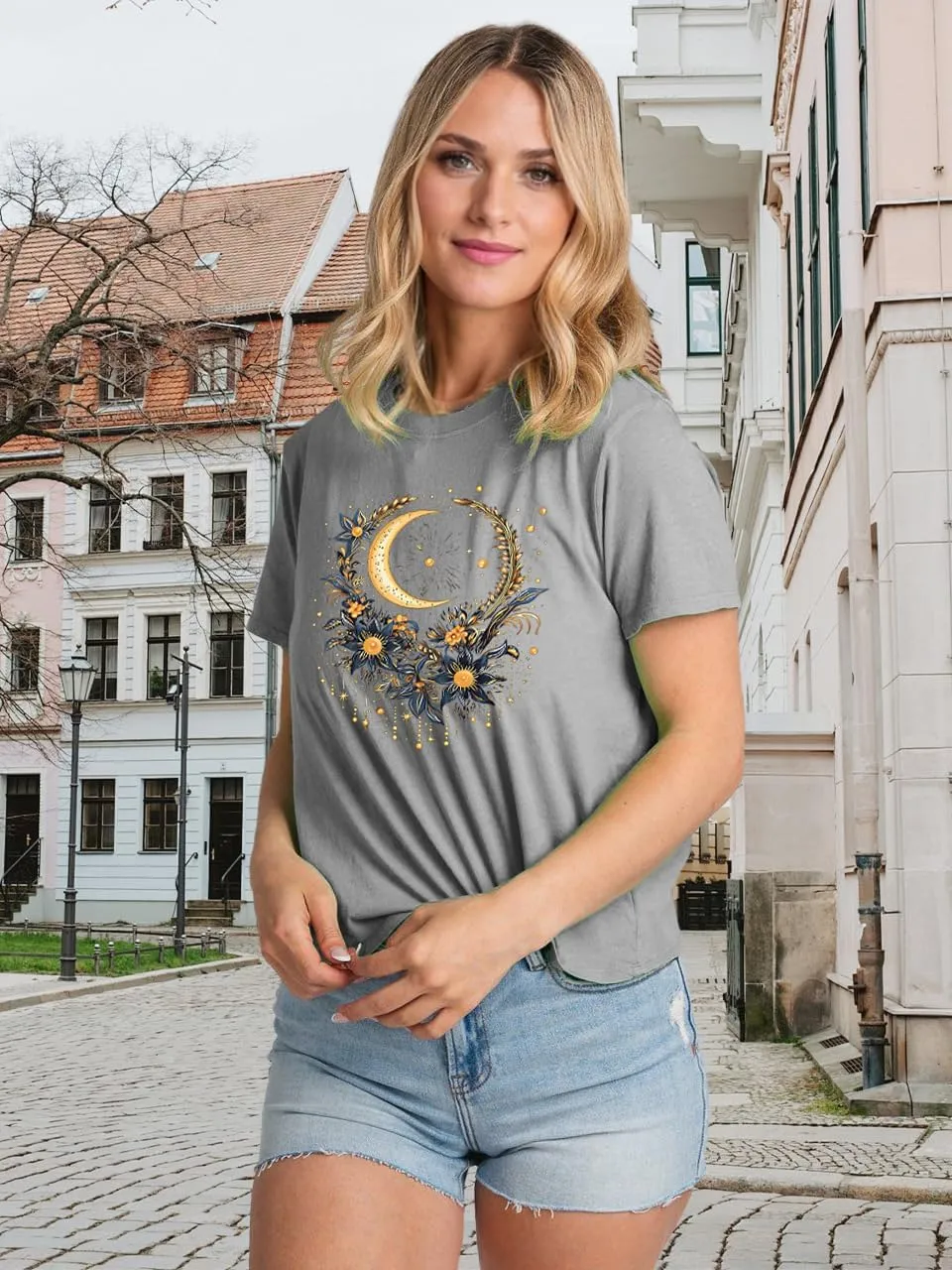 Women Mystical Moon and Sun Flower Shirt Vintage Wildflower T Shirts Boho Graphic Tees Short Sleeve Celestial Moon Tops