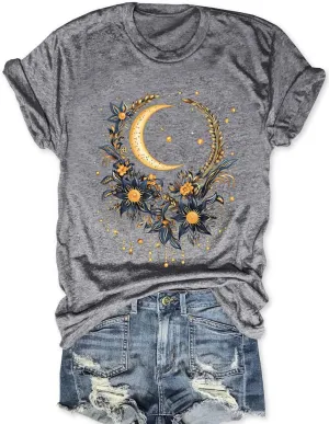 Women Mystical Moon and Sun Flower Shirt Vintage Wildflower T Shirts Boho Graphic Tees Short Sleeve Celestial Moon Tops