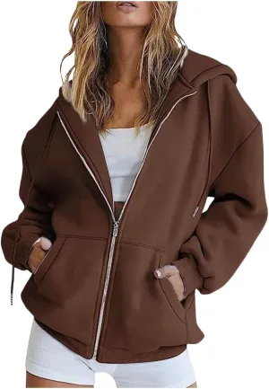 Women Oversized Hoodies Sweatshirts Solid Zipper Long Sleeve Jacket Tops Pullover Drawstring Trendy Outfit with Pocket