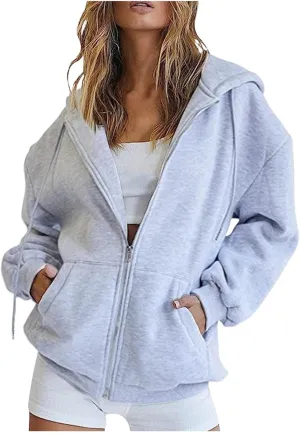 Women Oversized Hoodies Sweatshirts Solid Zipper Long Sleeve Jacket Tops Pullover Drawstring Trendy Outfit with Pocket